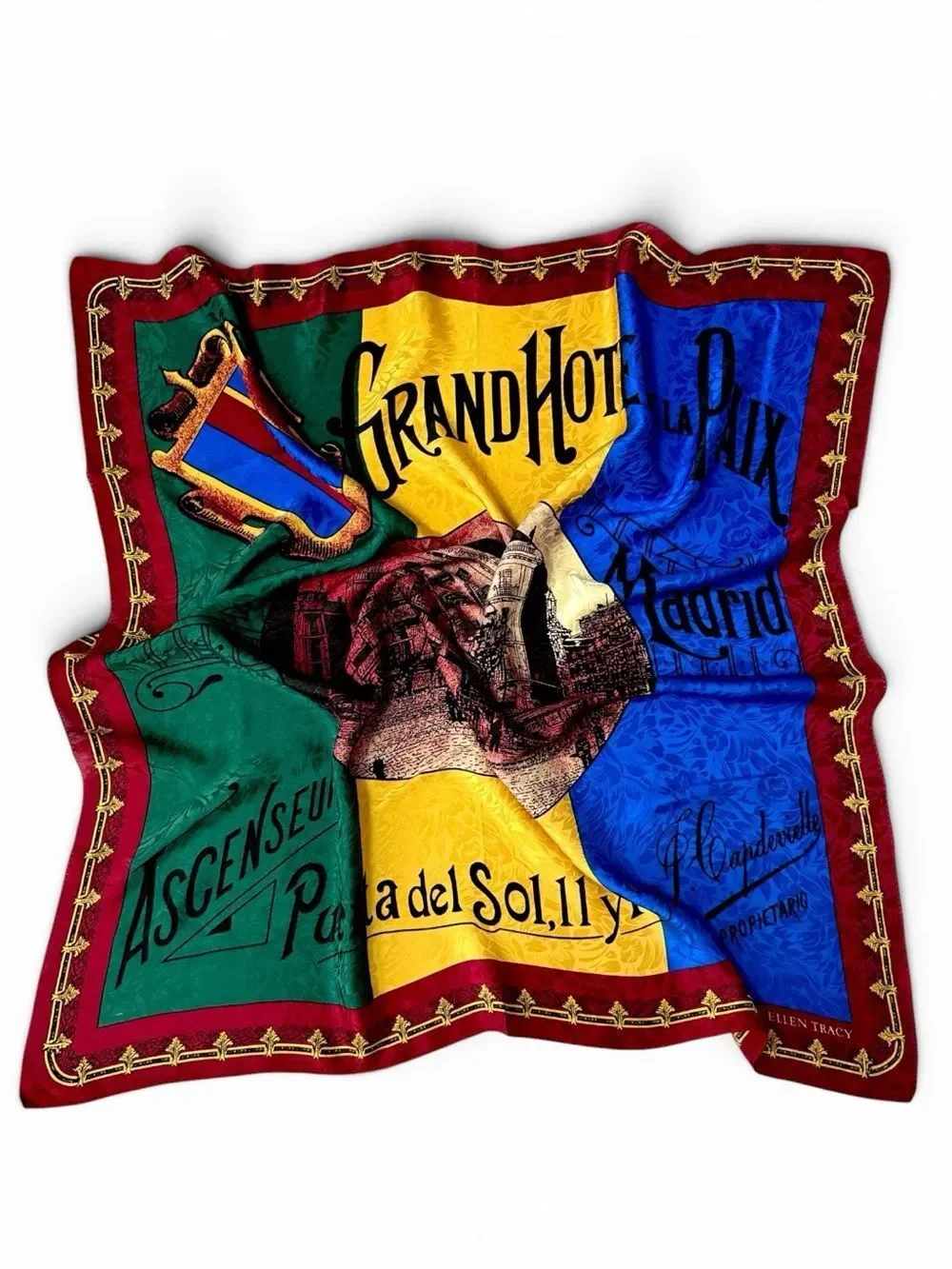 Ellen Tracy Silk Jacquard Scarf Grand Hotel De La Paix Madrid Travel Print Vtg